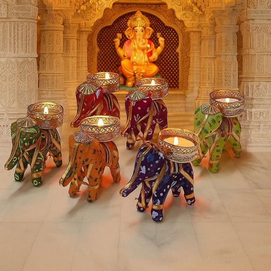 Elephant Tealight Candle Holder Home Decoration Item for Diwali Decor (Multicolor)