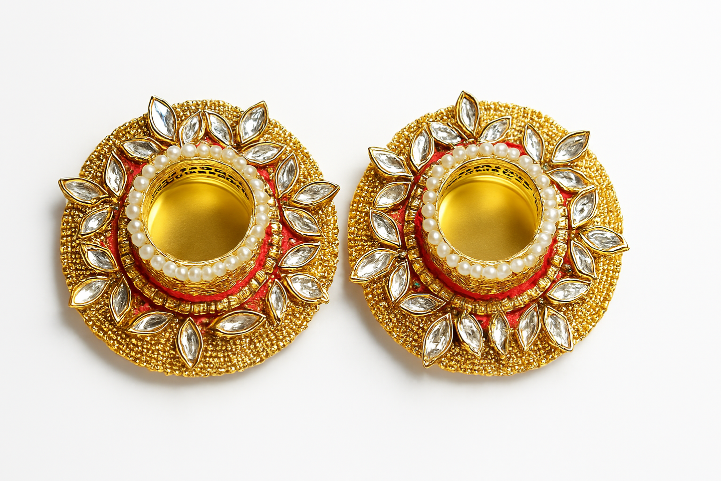 Decorative T-Light Candle Holders | Set of 2 Metal Votive Holders with Kundan Handwork | Festive Decor for Diwali, Weddings, Pooja & Home Decoration