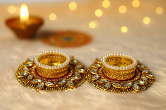 Decorative T-Light Candle Holders | Set of 2 Metal Votive Holders with Kundan Handwork | Festive Decor for Diwali, Weddings, Pooja & Home Decoration
