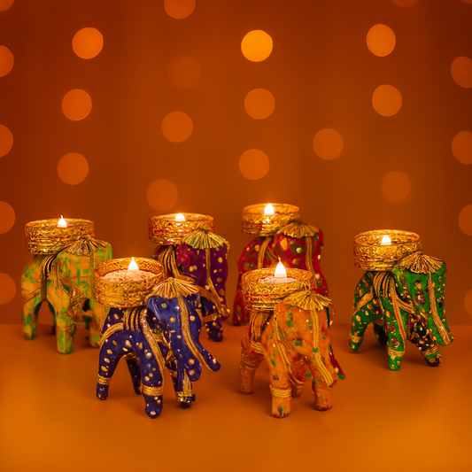 Elephant Tealight Candle Holder Home Decoration Item for Diwali Decor (Multicolor)