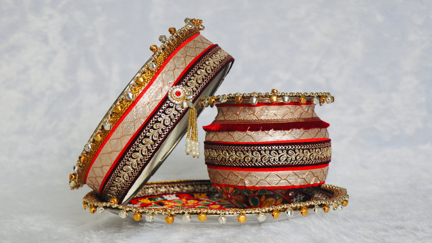 Karwa Chauth Pooja Thali Set with Plate, Chalni, Lota