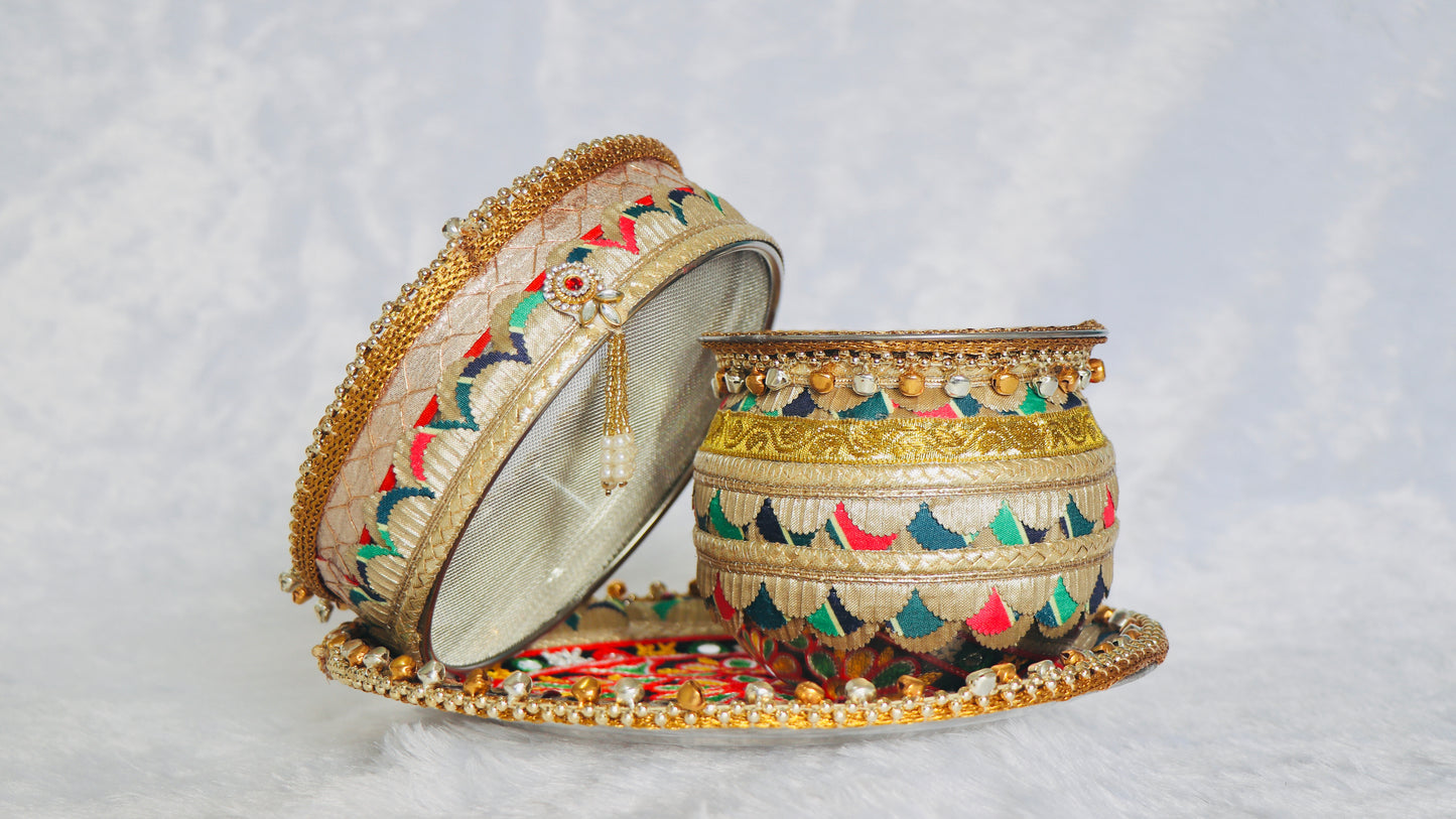 Karwa Chauth Pooja Thali Set with Plate, Chalni, Lota