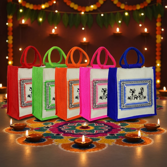 Multipurpose Reusable Warli Canvas Jute Shopping Tote Bags | Eco-Friendly Ugarwadi Design Shopping Grocery Gift Bag with Handle for Men and Women | Multicolor