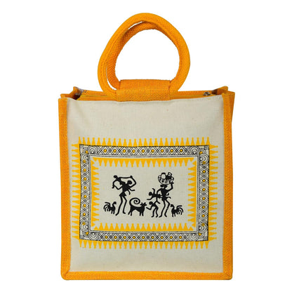 Multipurpose Reusable Warli Canvas Jute Shopping Tote Bags | Eco-Friendly Ugarwadi Design Shopping Grocery Gift Bag with Handle for Men and Women | Multicolor
