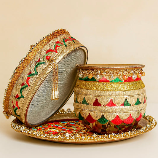 Karwa Chauth Pooja Thali Set with Plate, Chalni, Lota