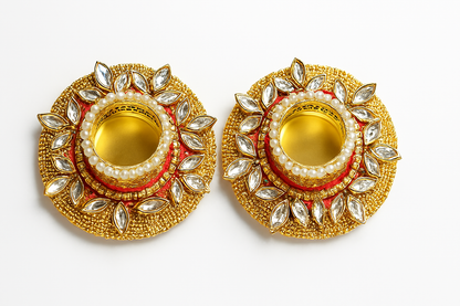 Decorative T-Light Candle Holders | Set of 2 Metal Votive Holders with Kundan Handwork | Festive Decor for Diwali, Weddings, Pooja & Home Decoration